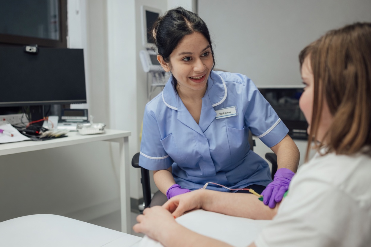 A friendly nurse smiling with a young patient at the practice